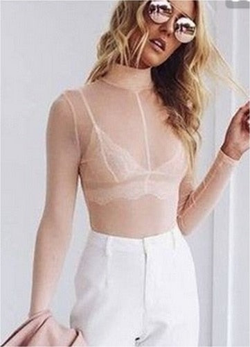 top semi transparent long sleeve blouse